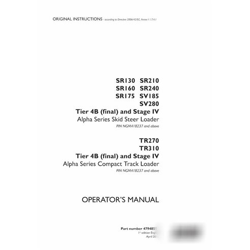 Manuel d'utilisation PDF des chargeuses compactes Case SR130-SR210, SV185, SV280, TR270, TR310 Tier 4B et Stage IV