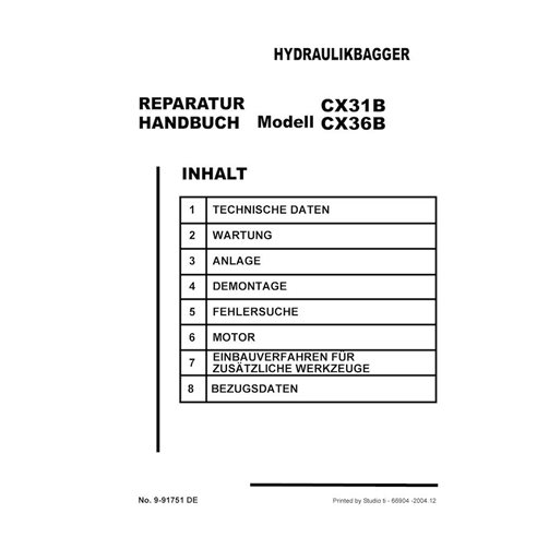 Manual de servicio en formato PDF de la excavadora Case CX31B, CX36B