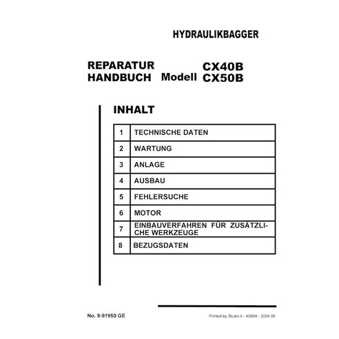 Manuel d'entretien pdf pour excavatrice Case CX40B, CX50B DE