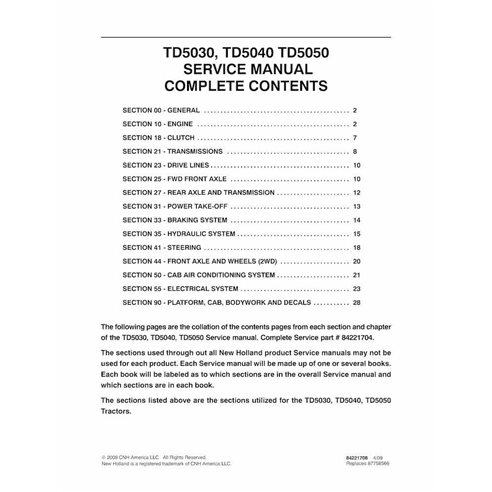 Manual de serviço em pdf do trator New Holland TD5030, TD5040, TD5050