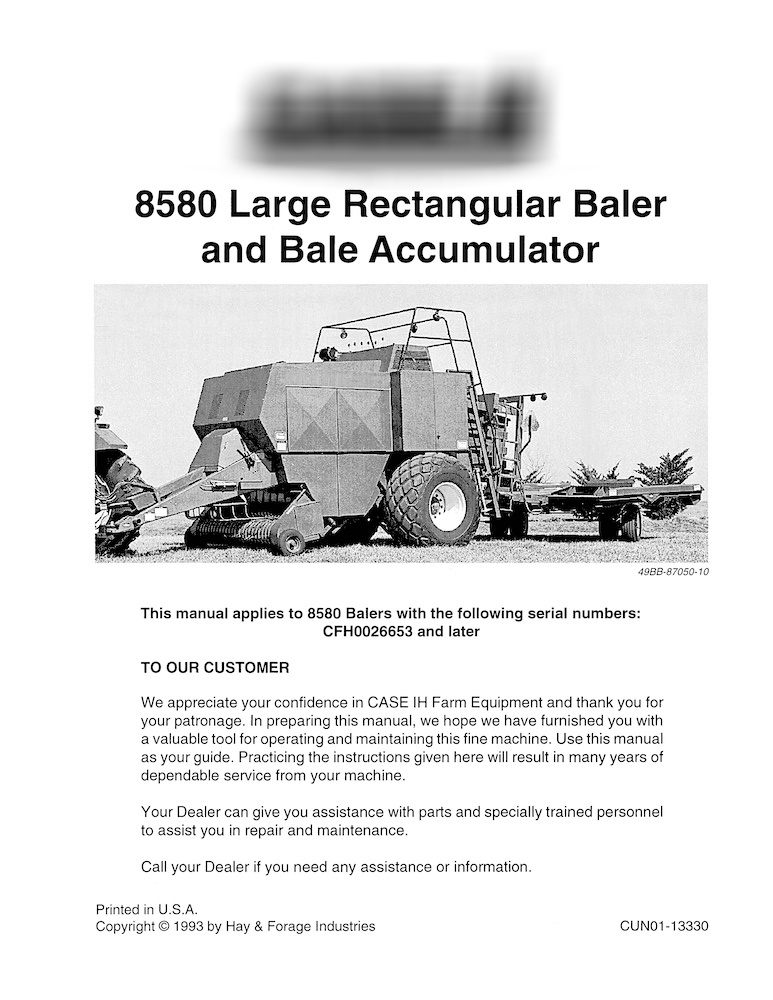 Case 8580 SN CFH0026653 and later baler pdf operator's manual