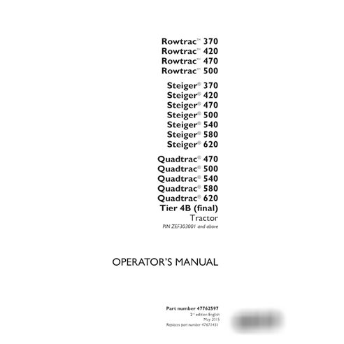 Manual do operador do trator Case Rowtrac 370-500, Steiger 370-620, Quadtrac 470-620 PIN ZEF303001 - PDF (47762597)