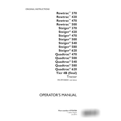 Manual do operador do trator Case Rowtrac 370-500, Steiger 370-620, Quadtrac 470-620 PIN ZFF308001 - PDF (47754784)