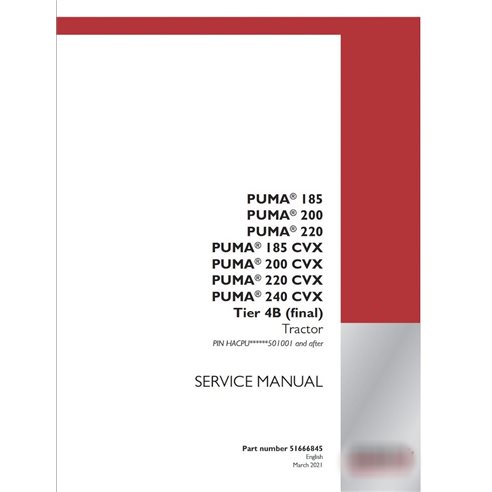 Manuel d'entretien PDF pour tracteurs Case PUMA 185 - 220, 185 CVX - 240 CVX (code PIN HACPU******501) (51666845)