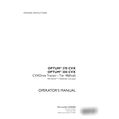 Manual do operador do trator Case Optum 270 CVX, 300 CVX CVXDrive Tier 4B, PIN HACOP******801001 - PDF (51682890)