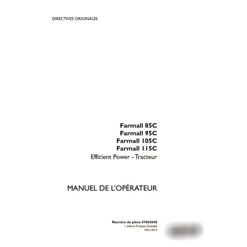 Manual do operador do trator Case Farmall 85C, 95C, 105C, 115C em PDF FR (47604539)