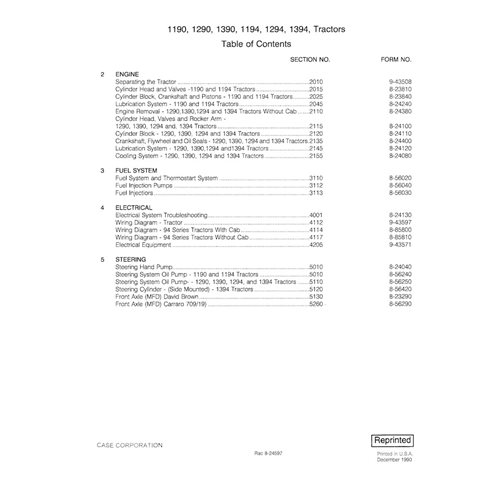 Manuel d'entretien PDF pour tracteurs Case 1190, 1194, 1290, 1294, 1390, 1394 (8-24597)