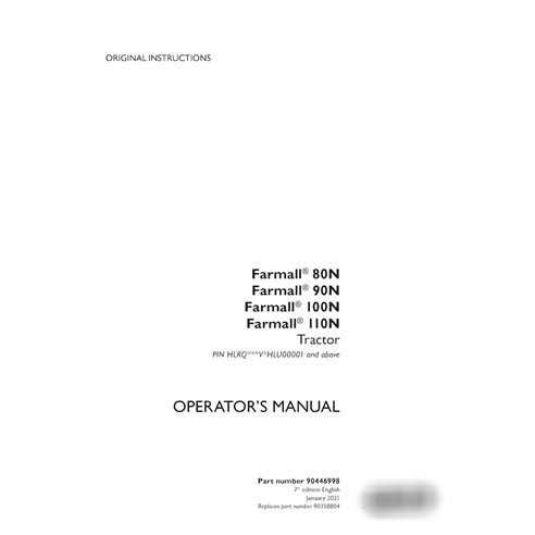 Manual del operador del tractor Case Farmall 80N-110N PIN HLRQ***V*HLU00001 (PDF) (90446998)