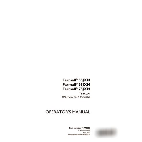 Manual do operador do trator Case 55JXM, 65JXM, 75JXM em PDF (91775870)