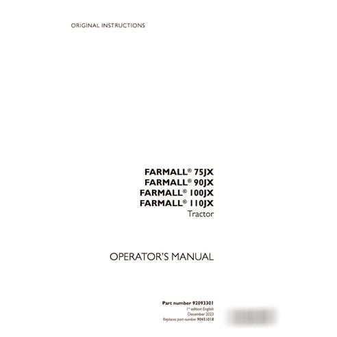 Manuel d'utilisation PDF du tracteur Case FARMALL 75JX, 90JX, 100JX, 110JX (92093301)
