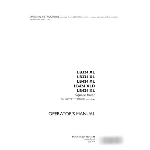 Case LB324XL, LB334XL, LB424XL, LB424XLD, LB434XL baler pdf operator's manual  (92243548)