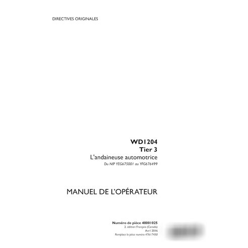 Manuel d'utilisation PDF de l'andaineuse Case WD1204 Tier 3 PIN YEG675001 à YFG676499 (48001025)