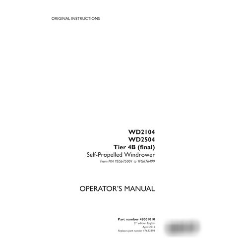 Case WD2104, WD2504 PIN YEG675001 to YFG676499 windrower pdf operator's manual  (48001010)
