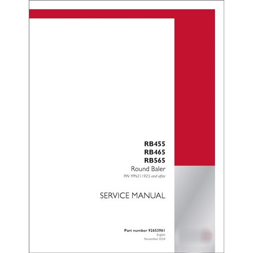 Manuel de service PDF pour presse à balles Case RB455, RB465, RB565 PIN YPN21192 (92653961)