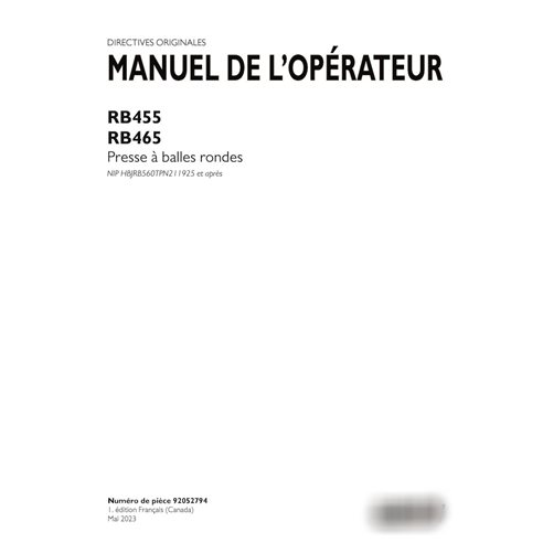 Case RB455, RB465 PIN HBJRB560TPN211925 and after baler pdf operator's manual FR (92052794)