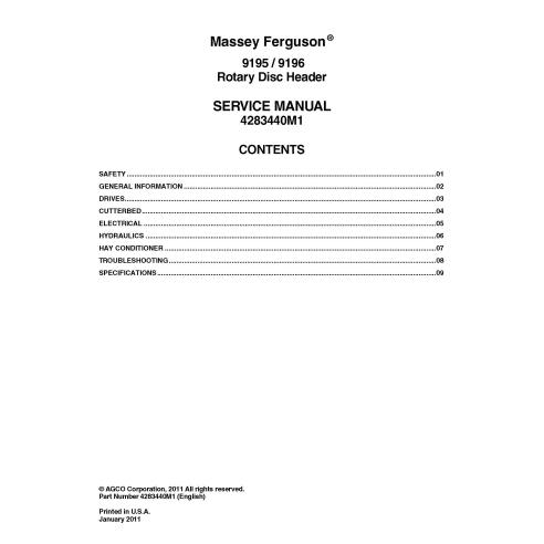 Massey Ferguson 9195, 9196 En-tête à disque rotatif Manuel d'entretien PDF - Massey-Ferguson manuels - MF-4283440M1