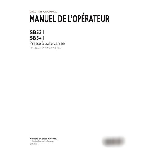 Manual del operador de la empacadora Case SB531, SB541 PIN xPN312197 (PDF, FR) (92050322)