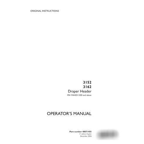 Case 3152, 3162 PIN YHH051300- draper header pdf operator's manual  (48071455)
