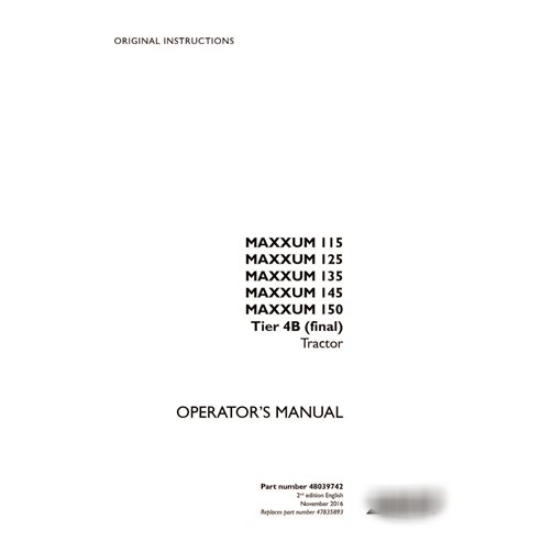 Manual do operador em PDF para tratores Case Maxxum 115, 125, 135, 145 e 150 Tier 4B (48039742)