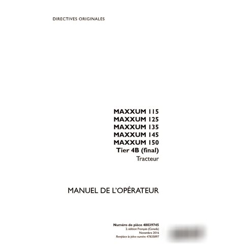 Manuel d'utilisation PDF du tracteur Case Maxxum 115, 125, 135, 145, 150 Tier 4B FR (48039745)