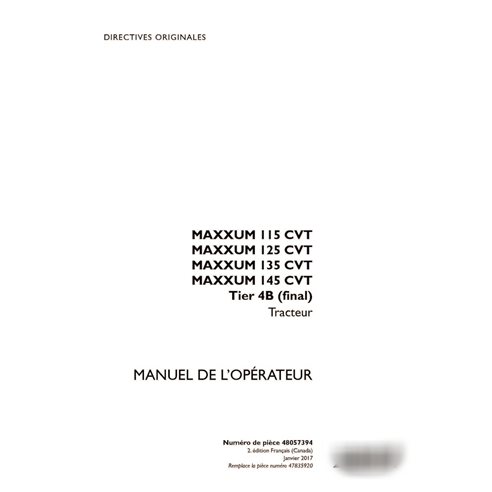 Manuel d'utilisation PDF du tracteur Case Maxxum 115, 125, 135, 145 CVT Tier 4B FR (48057394)