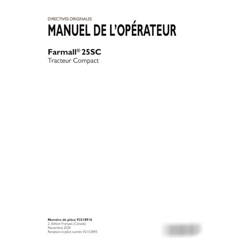 Manual del operador del tractor compacto Case Farmall 25SC (PDF) FR (92318916)