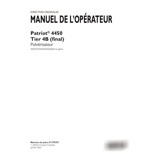 Manual del operador del pulverizador Case Patriot 4450 PIN xNT056001 (PDF) FR (91775757)