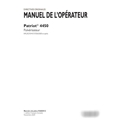 Manual del operador del pulverizador Case Patriot 4450 PIN xST065000 (PDF, FR) (92650413)