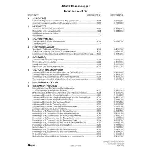 Manuel d'entretien PDF de la pelle Case CX290 DE (9-42870)