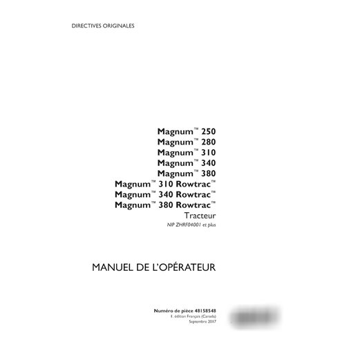 Case Magnum 250, 280, 310, 340,  380 PIN ZHRF04001- tractor pdf operator's manual FR (48158548)