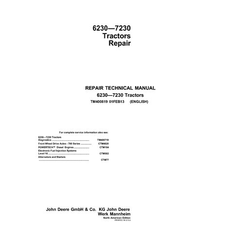 TM400819 Manuel technique de réparation des tracteurs John Deere 6230, 6330, 6430, 7130, 7230 (TM400819)