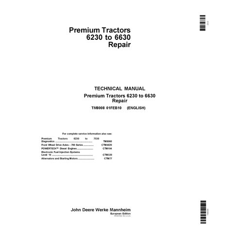 TM8008 Manual técnico de reparación de tractores John Deere Premium 6230, 6330, 6430, 6530, 6630 (TM8008)