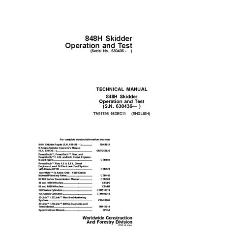 TM11798 Manual técnico de operação e teste do trator de esteira John Deere 844H SN 630436 (TM11798)