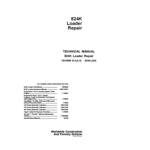 Manual técnico de reparación de la cargadora de ruedas John Deere 824K (TM10698)
