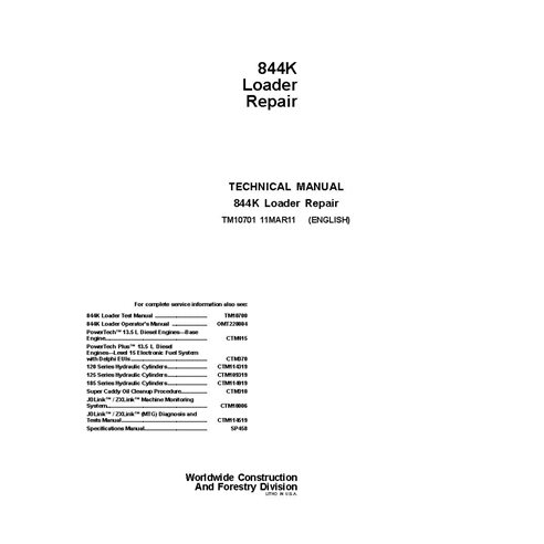 Manual técnico de reparo da pá carregadeira de rodas John Deere Série 844K 2 (TM10701)