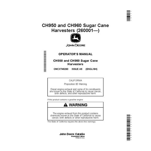 OMCXT46290 Manual del operador de la cosechadora de caña de azúcar John Deere CH950, CH960 (OMCXT46290)