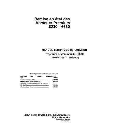 TM8009 Manual técnico de reparação do trator John Deere 6230, 6330, 6430, 6530, 6630 Premium FR (TM8009)