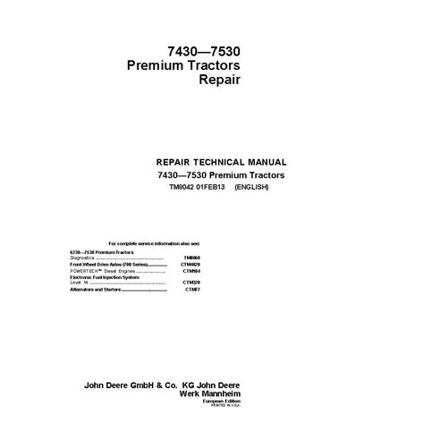 TM8042 Manual técnico de reparación de tractores John Deere 7430 y 7530 Premium (TM8042)