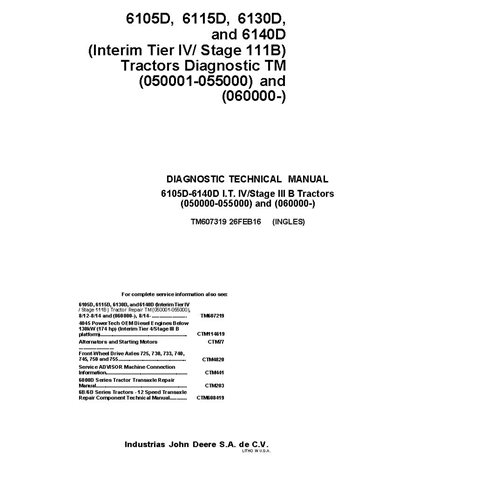 TM607319 John Deere 6105D, 6115D, 6130D, and 6140D tractor diagnostic technical manual (TM607319)