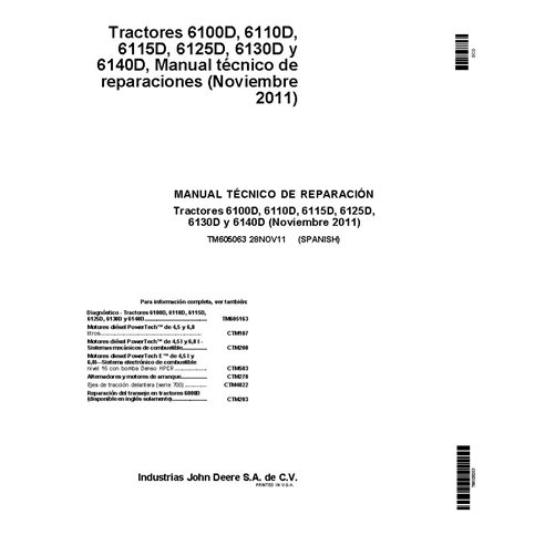 TM605063 Manual técnico de reparação do trator John Deere 6100D, 6110D, 6115D, 6125D, 6130D, 6140D ES (TM605063)