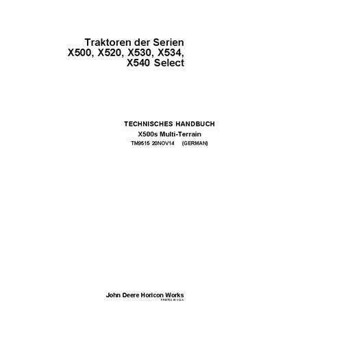 TM9515 Manual técnico completo para tratores de grama John Deere X500, X520, X530, X534, X540 DE (TM9515)