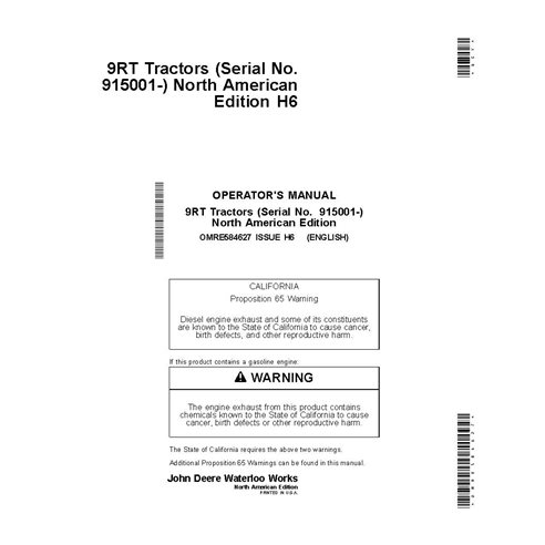 OMRE584627 John Deere 9470RT, 9520RT, 9570RT SN 915001-916999 tractor operator's manual (OMRE584627)