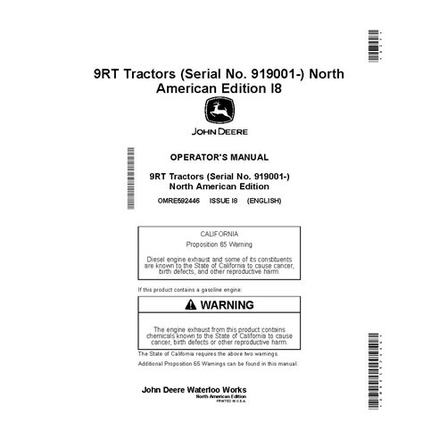 OMRE592446 John Deere 9470RT, 9520RT, 9570RT SN 919001-920000 tractor operator's manual (OMRE592446)