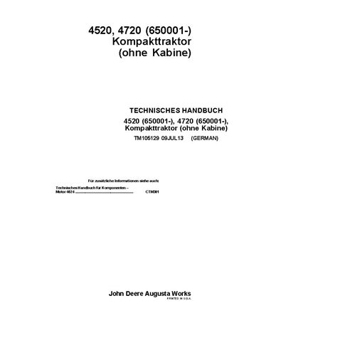 TM105129 Manual técnico completo do trator utilitário compacto John Deere 4520, 4720 SN 170001 - DE (TM105129)