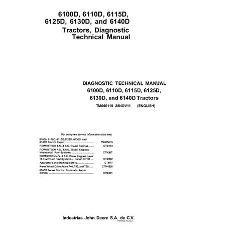 TM605119 Manual técnico de diagnóstico del tractor John Deere 6100D - 6140D (TM605119)
