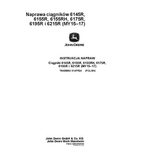 TM406953 John Deere 6145R - 6215R MY15-17 tractor repair technical manual PL (TM406953)