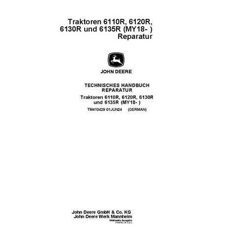 TM410429 Manual técnico de reparação do trator John Deere 6110R, 6120R, 6130R e 6135R MY18 - DE (TM410429)