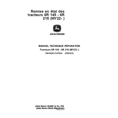TM415028 Manual técnico de reparação do trator John Deere 6R 145, 6R 155, 6R 165, 6R 175, 6R 185, 6R 195, 6R 215 MY22 - FR (T...