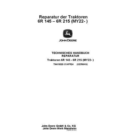 TM415029 Manual técnico de reparação do trator John Deere 6R 145, 6R 155, 6R 165, 6R 175, 6R 185, 6R 195, 6R 215 MY22 - DE (T...