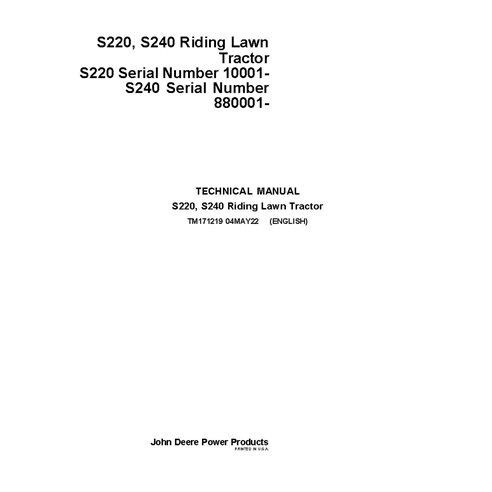 TM171219 Manual técnico completo do trator de grama John Deere S220, S240 (TM171219)